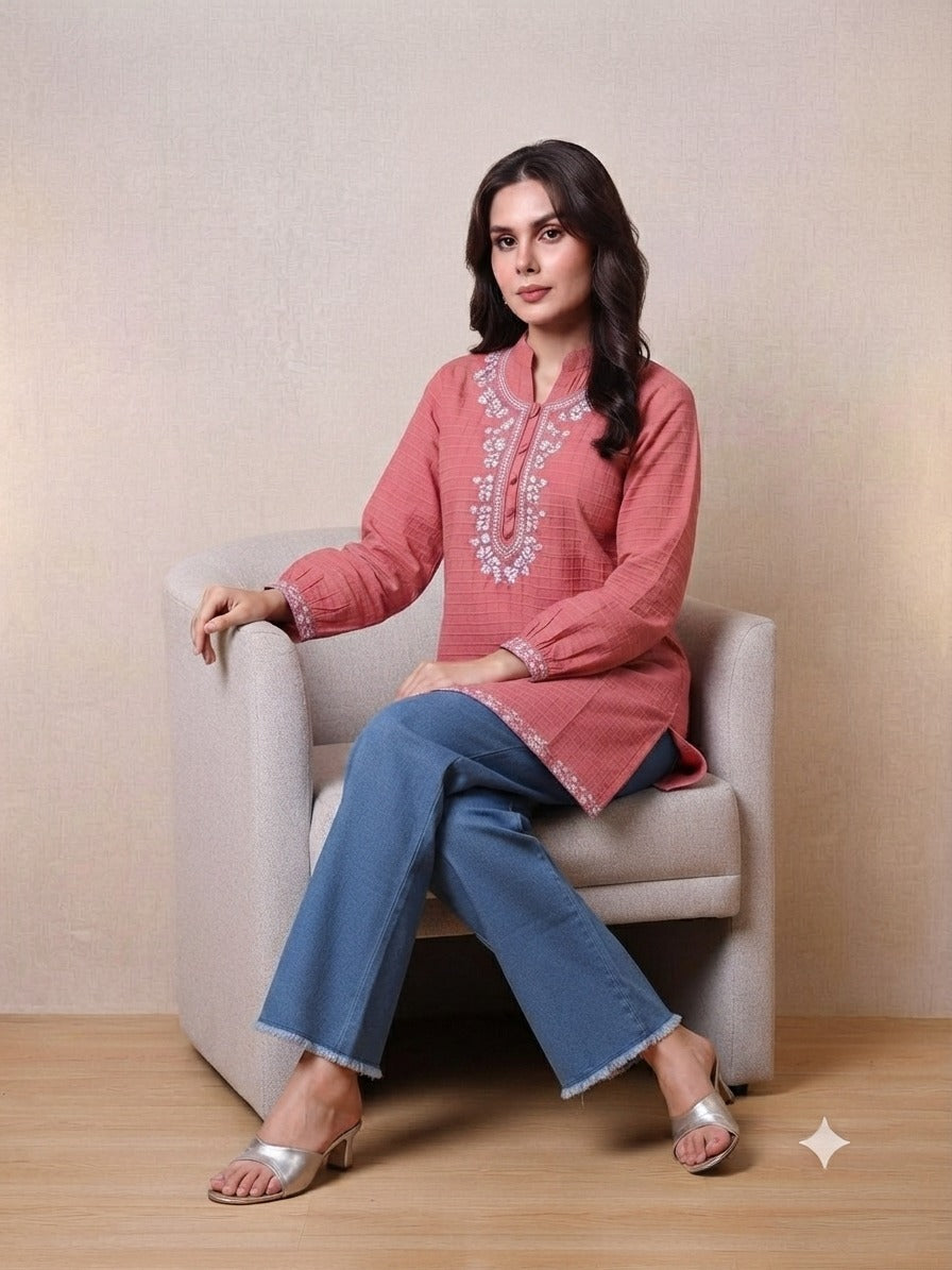 Women's Embroidered Top with Baggy Jeans| Premium Cotton Casual & Festive Wear