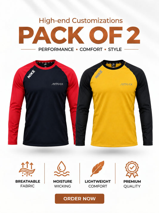 Pack of 2 Premium Dry-Fit T-Shirts Full Sleeves —- Royal Red+Mustard Yellow