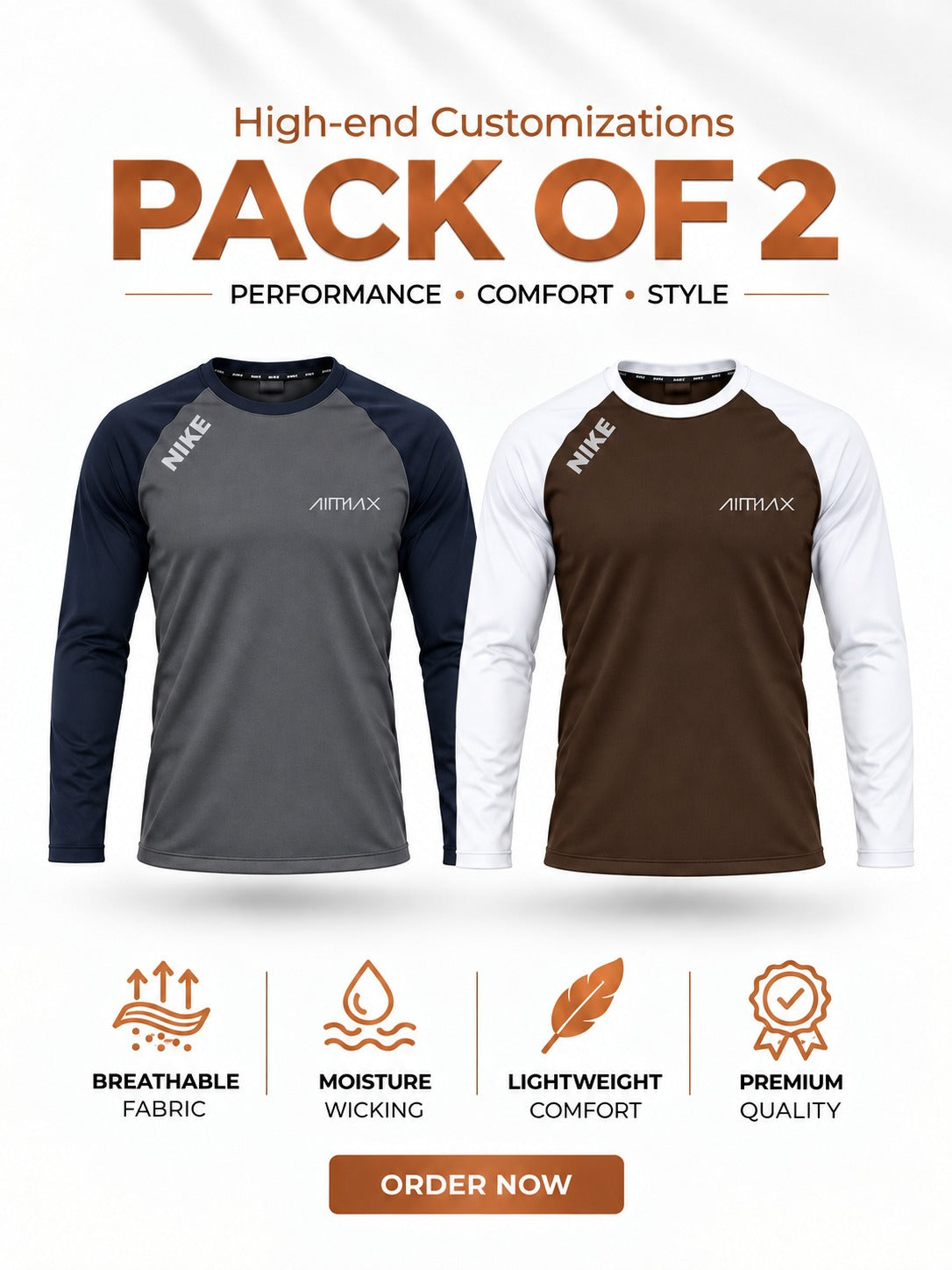 Pack of 2 Premium Dry-Fit T-Shirts Full Sleeves —- Steel Grey+Dark Brown