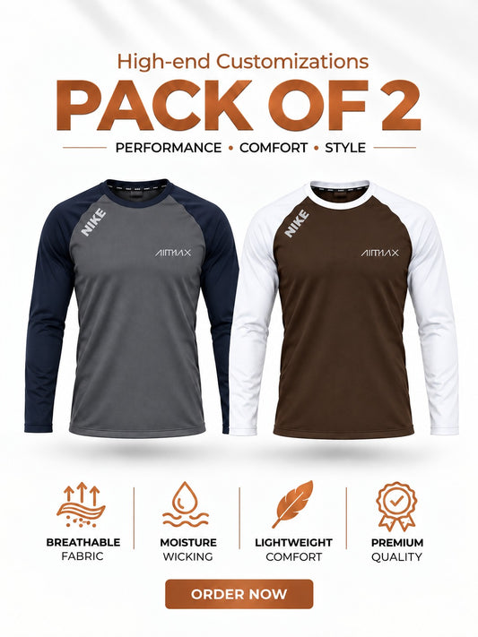 Pack of 2 Premium Dry-Fit T-Shirts Full Sleeves —- Steel Grey+Dark Brown