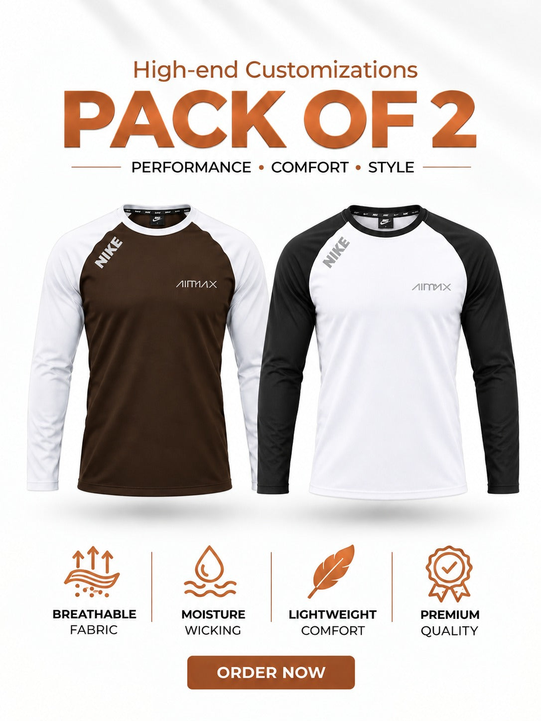 Pack of 2 Premium Dry-Fit T-Shirts Full Sleeves —- Signature White+Dark Brown