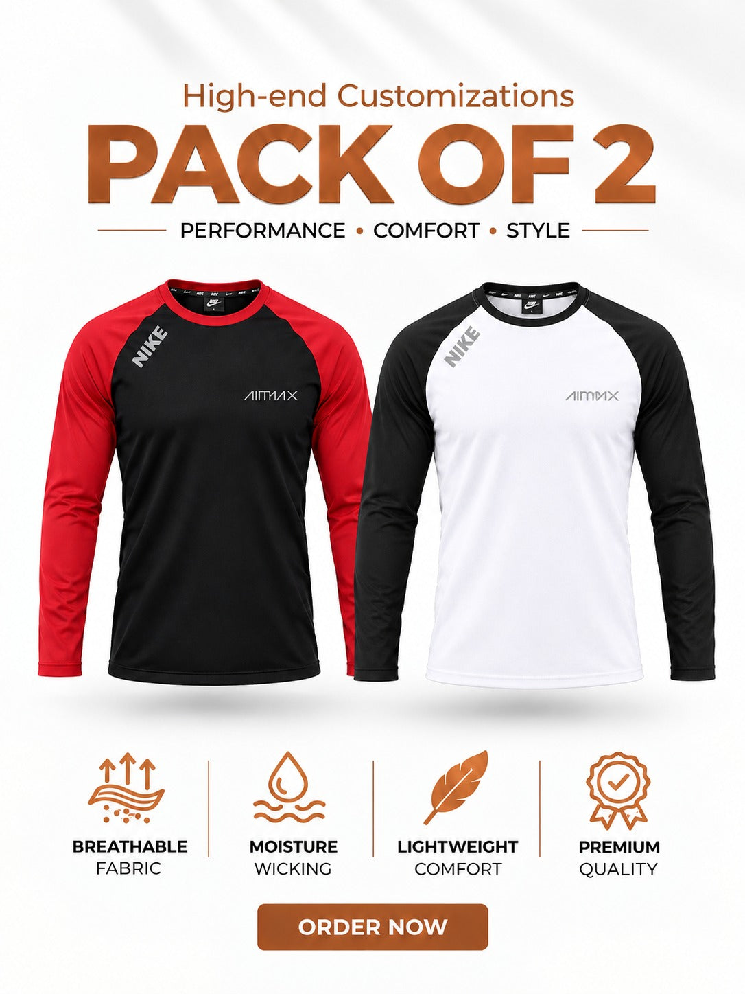 Pack of 2 Premium Dry-Fit T-Shirts Full Sleeves —- Royal Red+Signature White