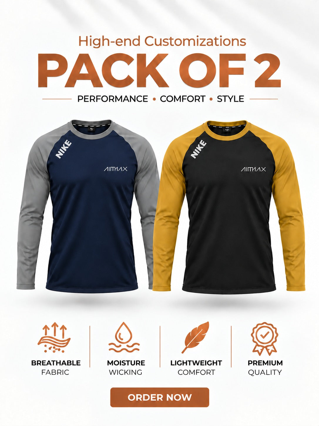 Pack of 2 Premium Dry-Fit T-Shirts Full Sleeves —- Dark Navy Blue+Mustard Black