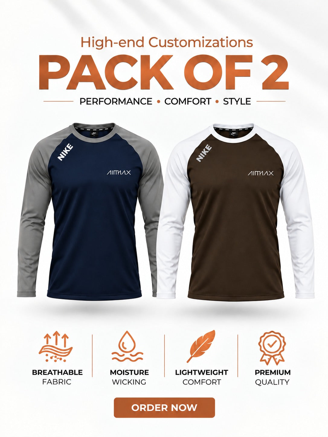 Pack of 2 Premium Dry-Fit T-Shirts Full Sleeves —- Dark Navy Blue+Brown