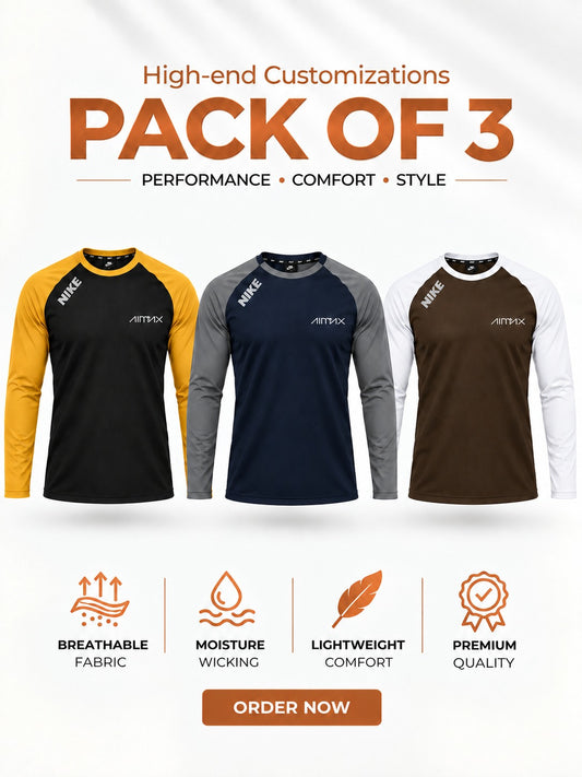 Pack of 3 Premium Dry-Fit T-Shirts Full Sleeves — Mustard Black+Dark Navy Blue+Dark Brown
