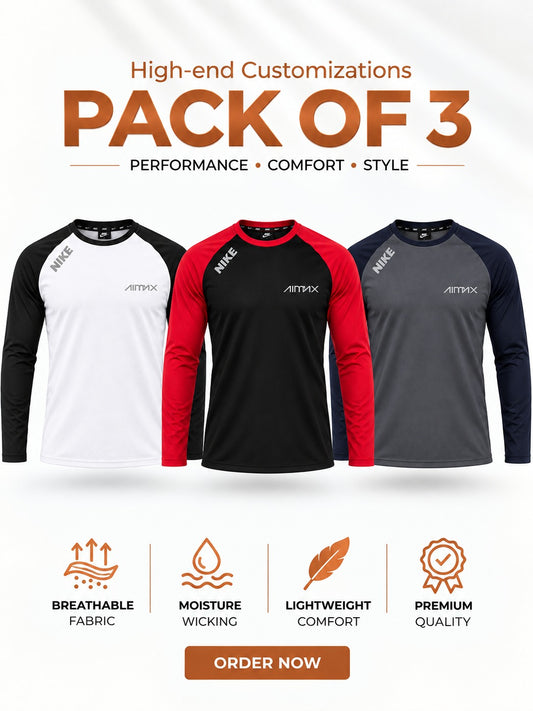 Pack of 3 Premium Dry-Fit T-Shirts Full Sleeves — Signature White+Royal Red+Steel Grey