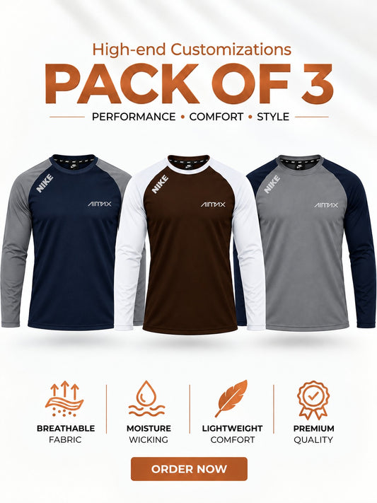 Pack of 3 Premium Dry-Fit T-Shirts Full Sleeves — Dark Navy Blue+ Dark Brown+Steel Grey