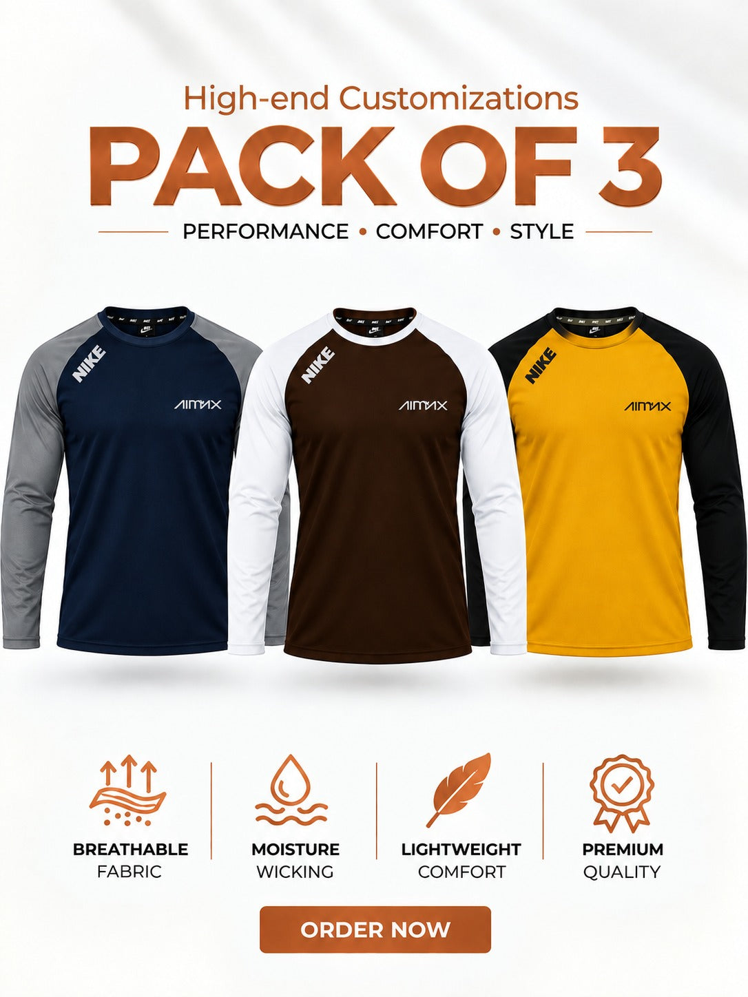Pack of 3 Premium Dry-Fit T-Shirts Full Sleeves — Dark Navy Blue+Dark Brown+Mutsard Yellow