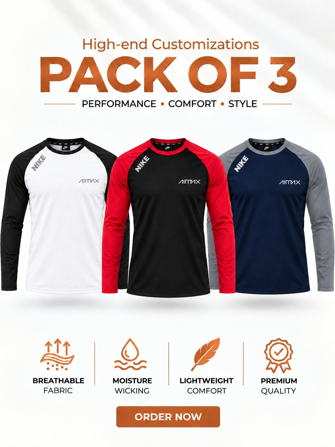 Pack of 3 Premium Dry-Fit T-Shirts Full Sleeves — Signature White+Royal Red+Dark Navy Blue