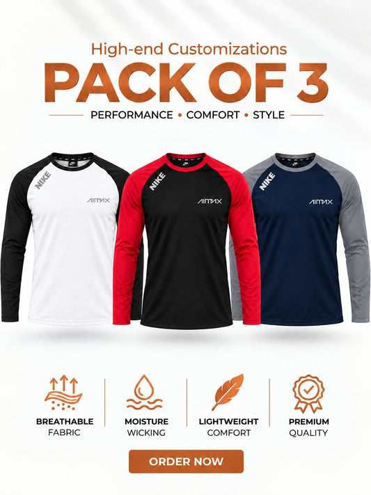 Pack of 3 Premium Dry-Fit T-Shirts Full Sleeves — Signature White+Royal Red+Dark Navy Blue