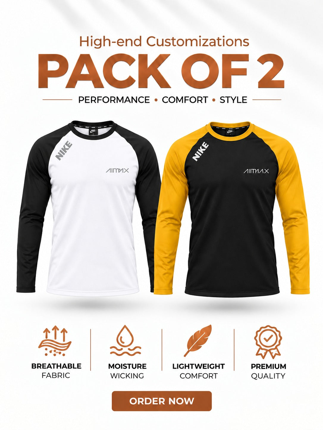 Pack of 2 Premium Dry-Fit T-Shirts Full Sleeves —- Signature White+Mustard Black