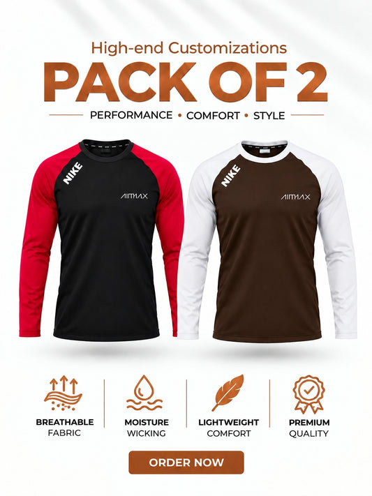 Pack of 2 Premium Dry-Fit T-Shirts Full Sleeves —- Royal Red +Dark Brown