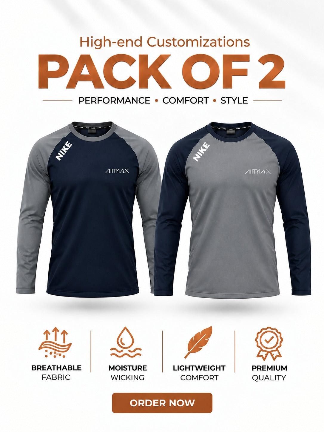 Pack of 2 Premium Dry-Fit T-Shirts Full Sleeves —- Dark Navy Blue + Steel Grey