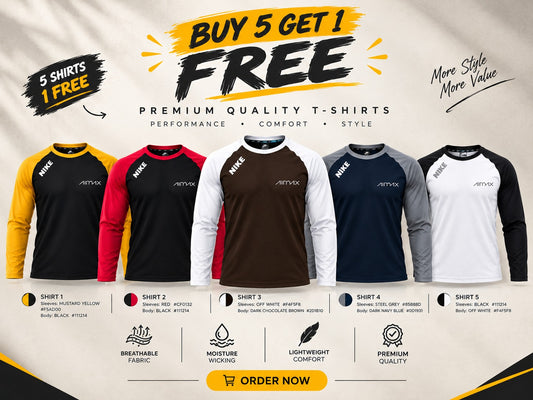 Pack of 6 Premium Dry-Fit T-Shirts full sleeves — Mustard Black+Royal Red+Dark Brown+Dark Navy Blue+Signature White