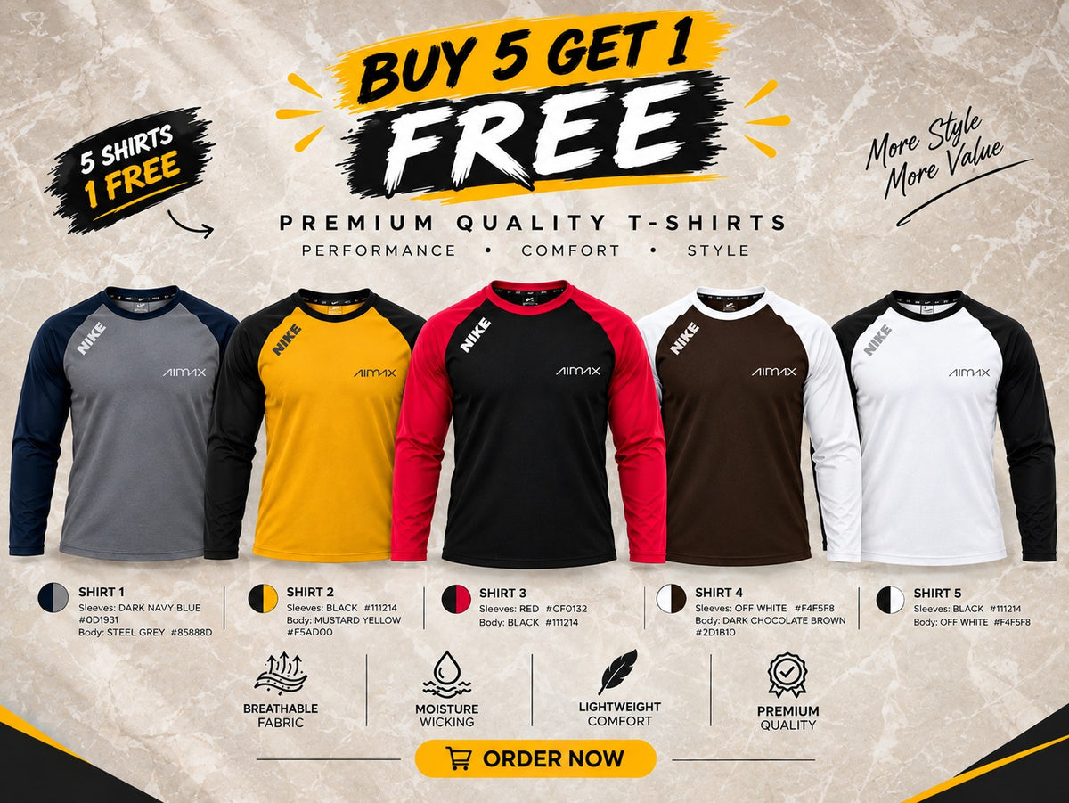 Pack of 6 Premium Dry-Fit T-Shirts full sleeves — Steel Grey+Mustard Yellow+Royal Red+Dark Brown+Signature White