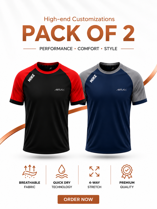 Pack of 2 Premium Dry-Fit T-Shirts — Red + Blue