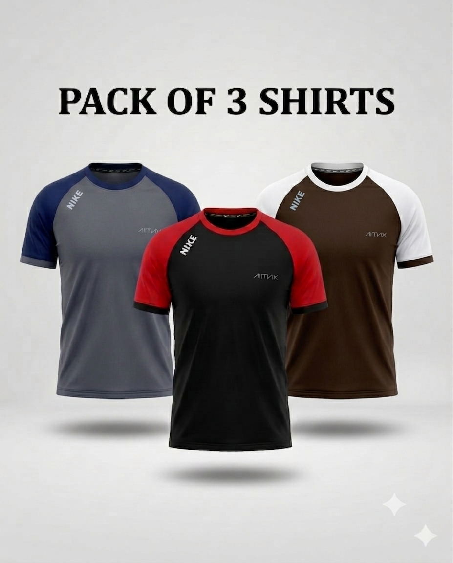 Pack of 3 Premium Dry-Fit T-Shirts — Grey+ Red + Brown