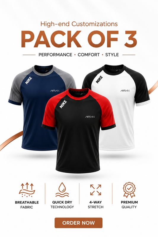 Pack of 3 Premium Dry-Fit T-Shirts — White + Red+ Blue
