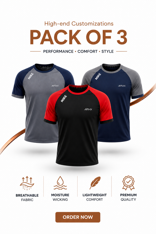 Pack of 3 Premium Dry-Fit T-Shirts — Grey+ Red+ Blue