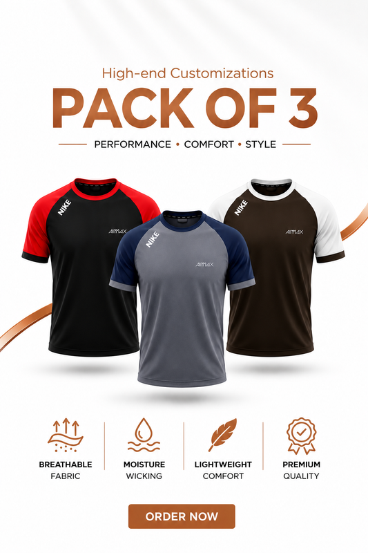 Pack of 3 Premium Dry-Fit T-Shirts — Grey + Red+ Brown
