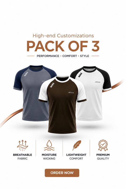 Pack of 3 Premium Dry-Fit T-Shirts — Grey +white + Brown