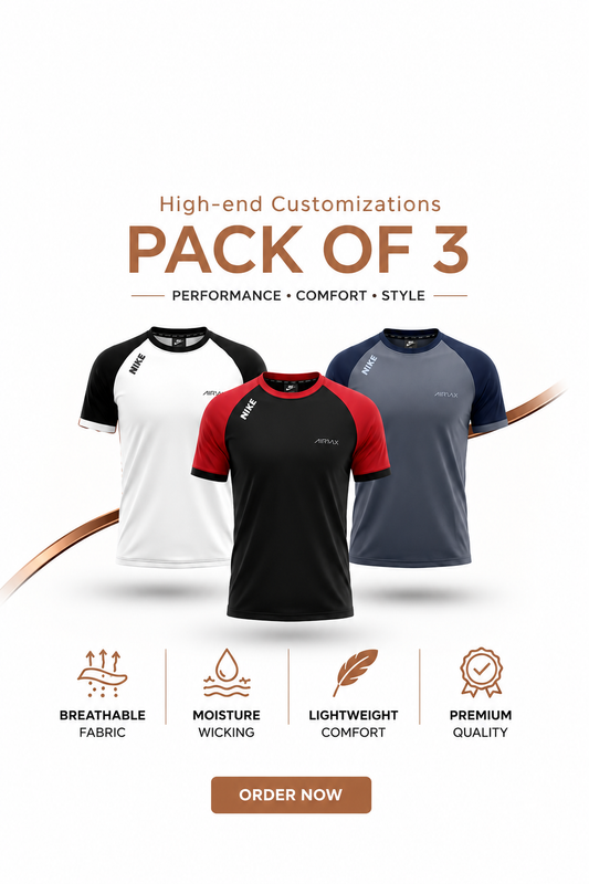 Pack of 3 Premium Dry-Fit T-Shirts — Grey +white + Red