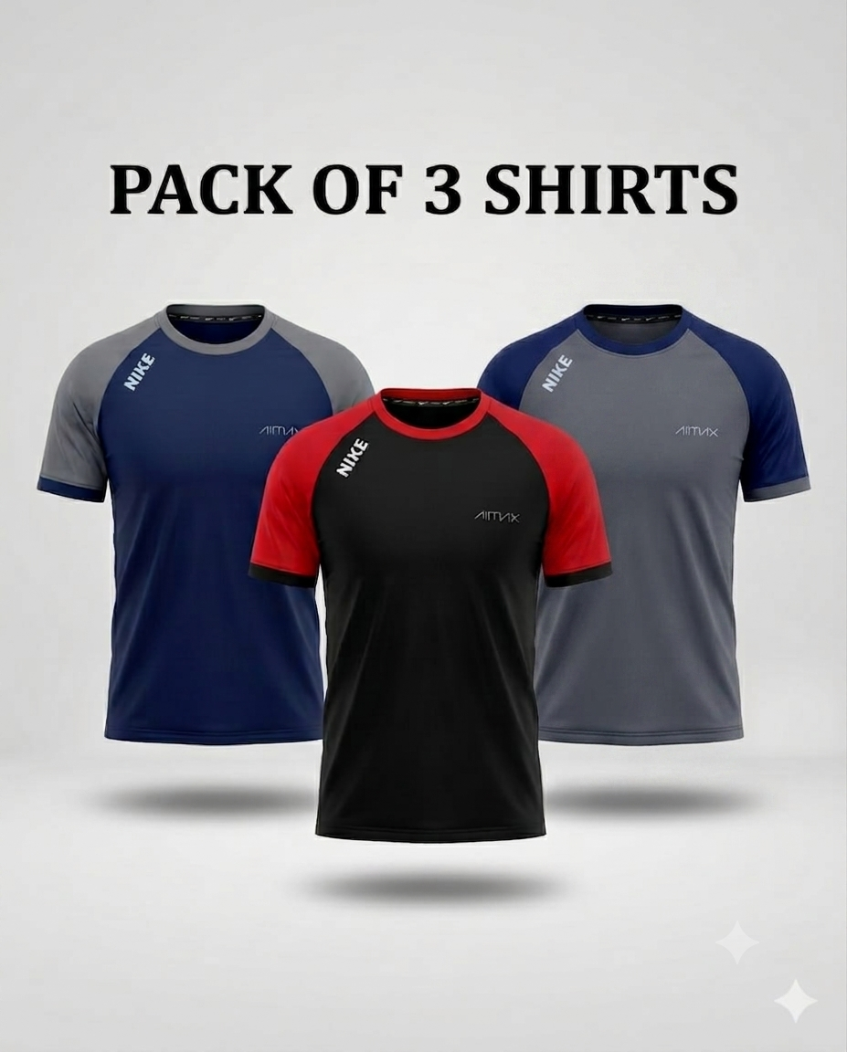 Pack of 3 Premium Dry-Fit T-Shirts — Grey+ Red + Blue